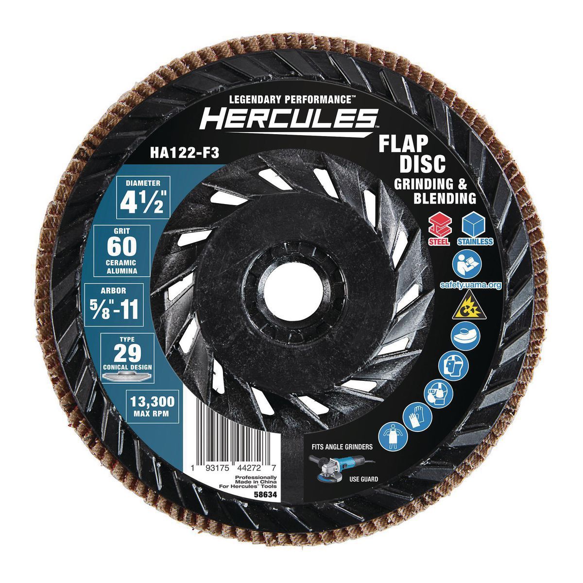 HERCULES 4-1/2 in. x 5/8 in.-11 60-Grit Type 29 Flap Disc with Plastic Backing and Ceramic Grain