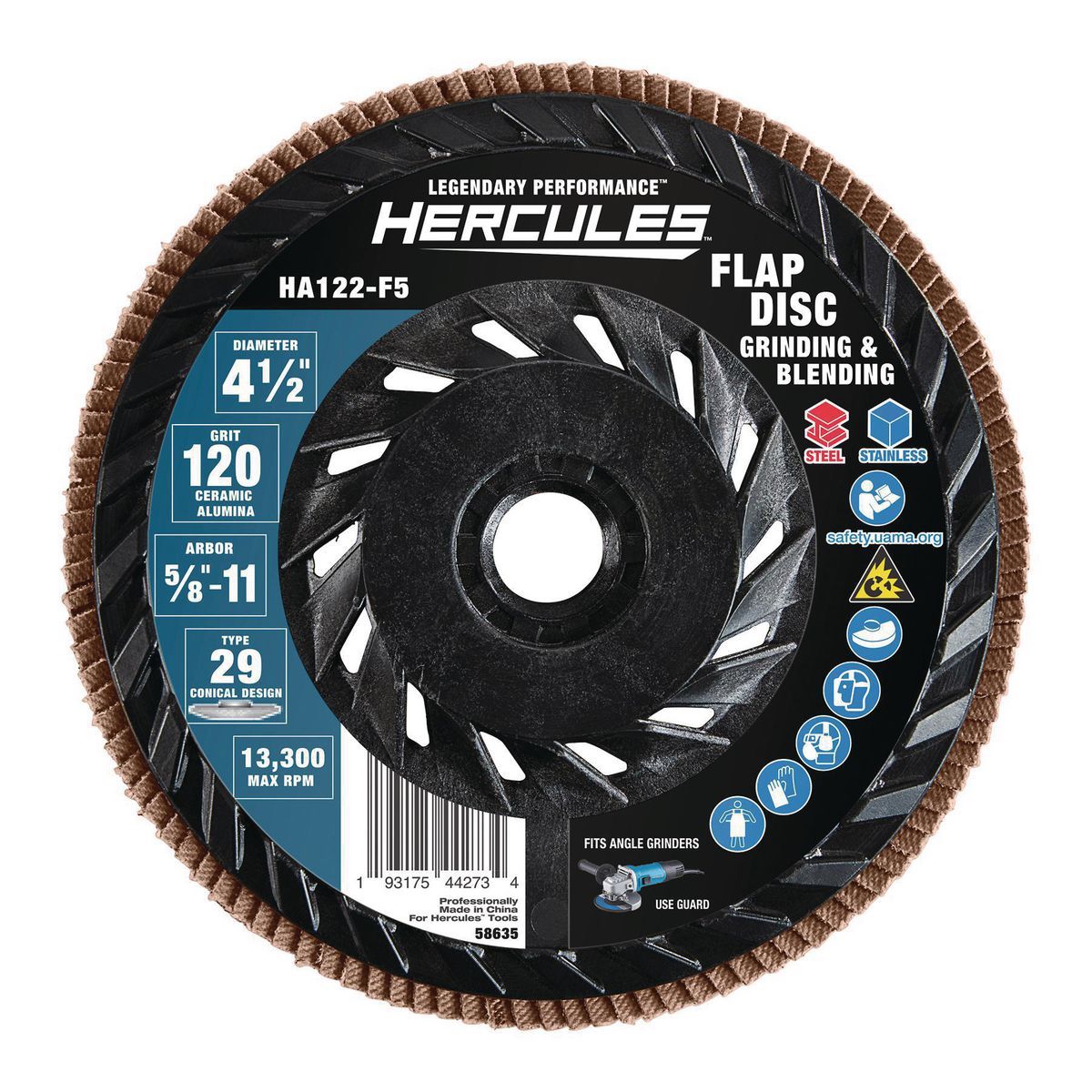 HERCULES 4-1/2 in. x 5/8 in.-11 120-Grit Type 29 Flap Disc with Plastic Backing and Ceramic Grain