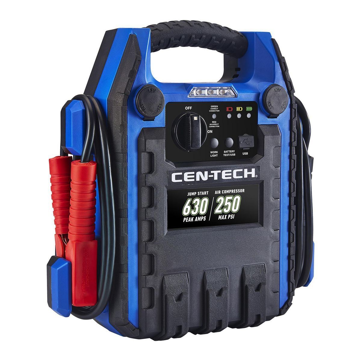 CEN-TECH 630 Peak Amp Portable Jump Starter and Power Pack with 250 PSI Air Compressor