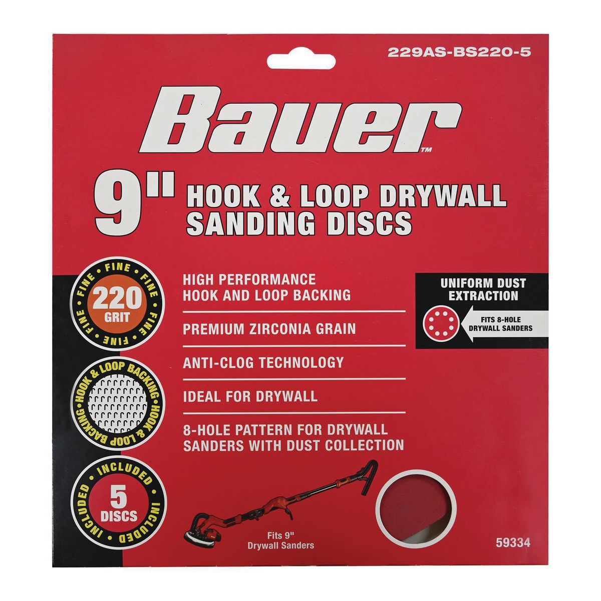 BAUER 9 in. 220 Grit Hook and Loop Drywall Sanding Discs, 5 Pack