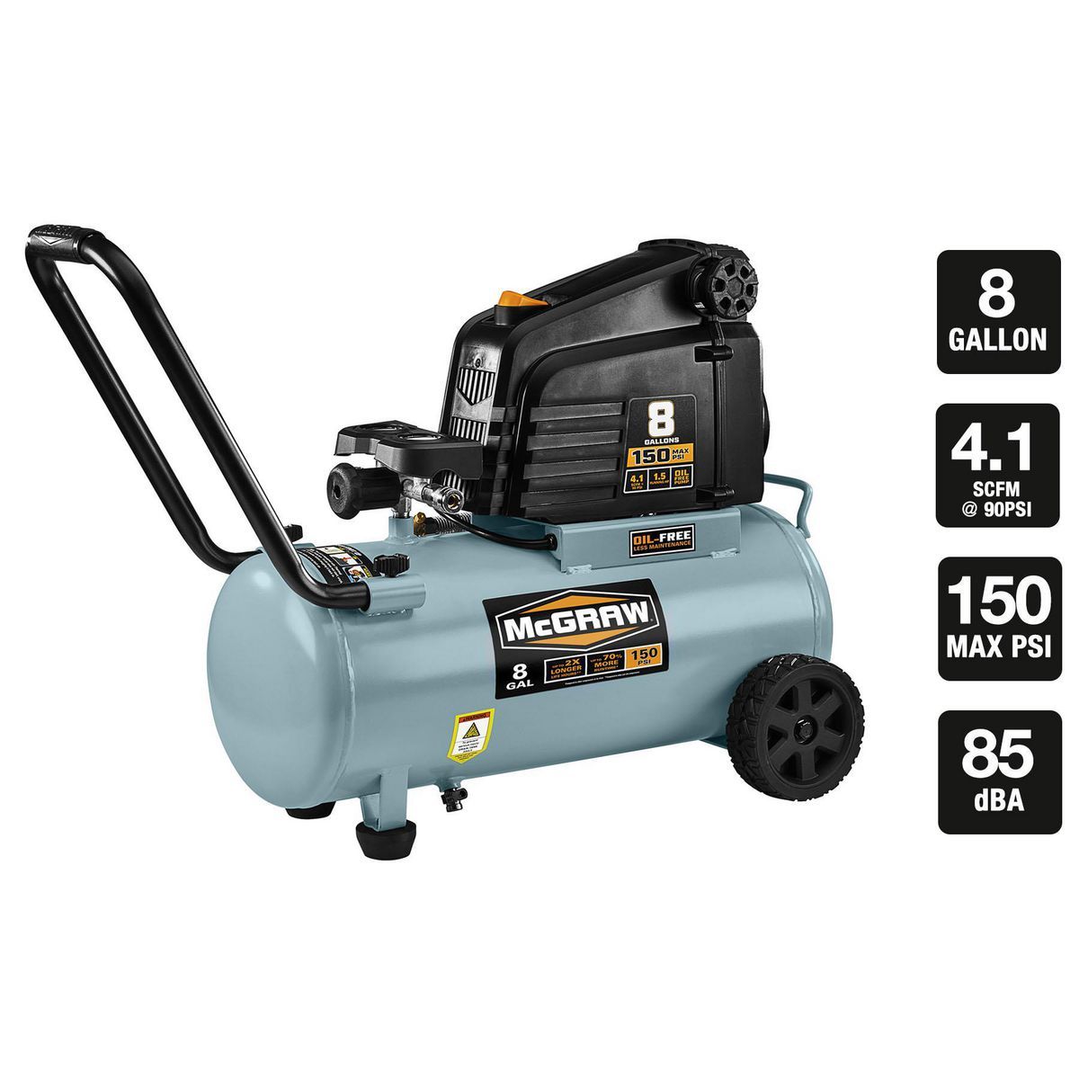 MCGRAW 8 gallon 1.5 HP 150 PSI Oil-Free Portable Air Compressor