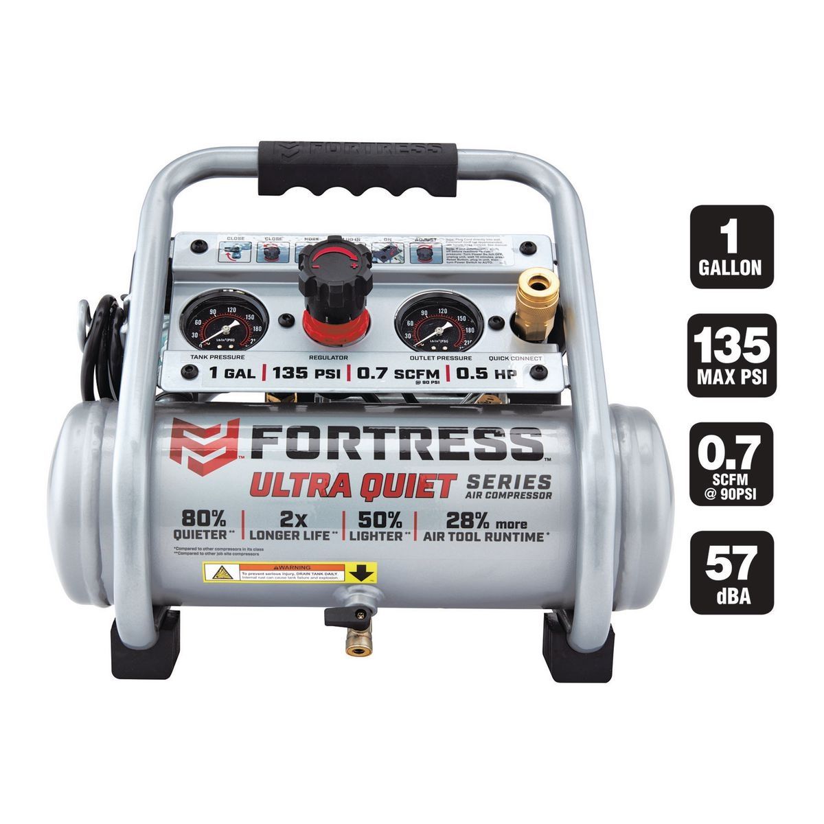 FORTRESS 1 Gallon 135 PSI Ultra Quiet Hand Carry Jobsite Air Compressor