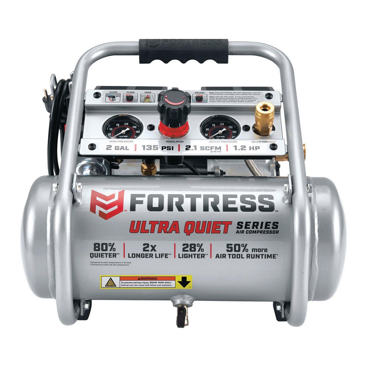 FORTRESS 2 Gallon 135 PSI Ultra Quiet Hand Carry Jobsite Air Compressor