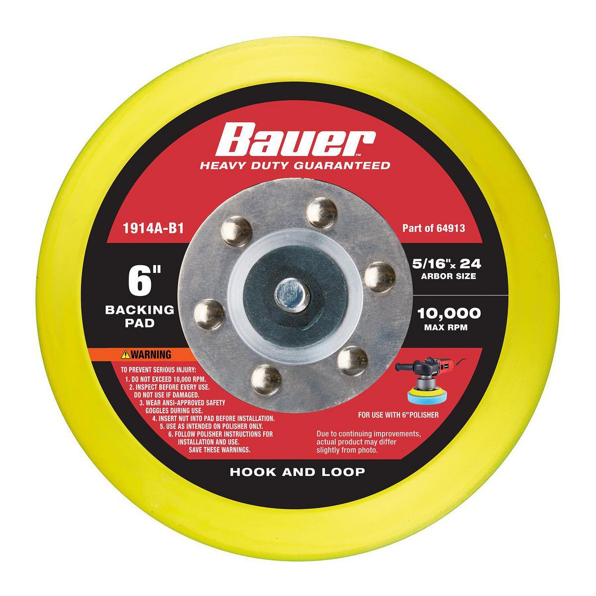 BAUER 6 in. Hook and Loop Backing Pad for Dual Action and Random Orbit Polishers