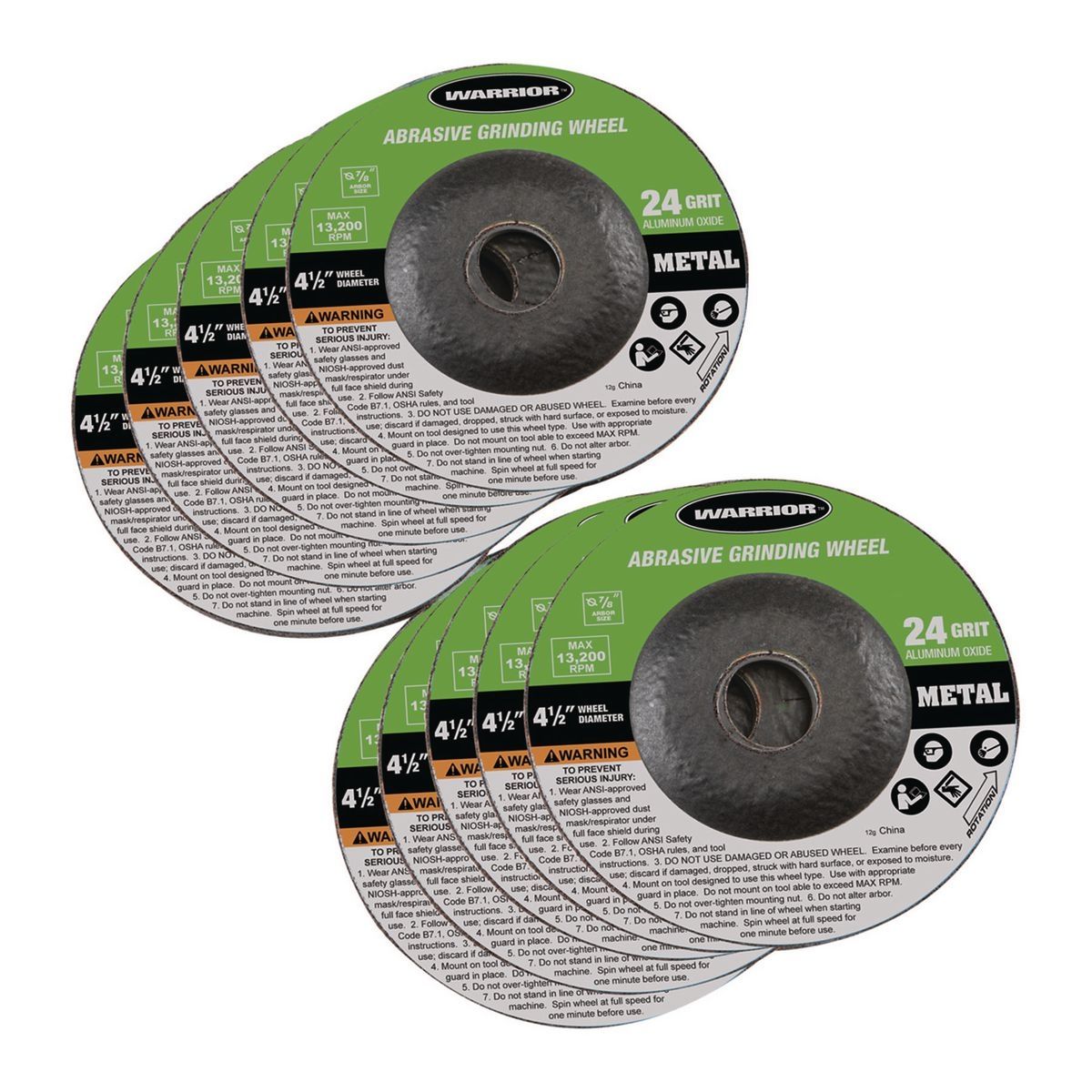 WARRIOR 4-1/2 in. 24 Grit Metal Grinding Wheel, 10 Pack